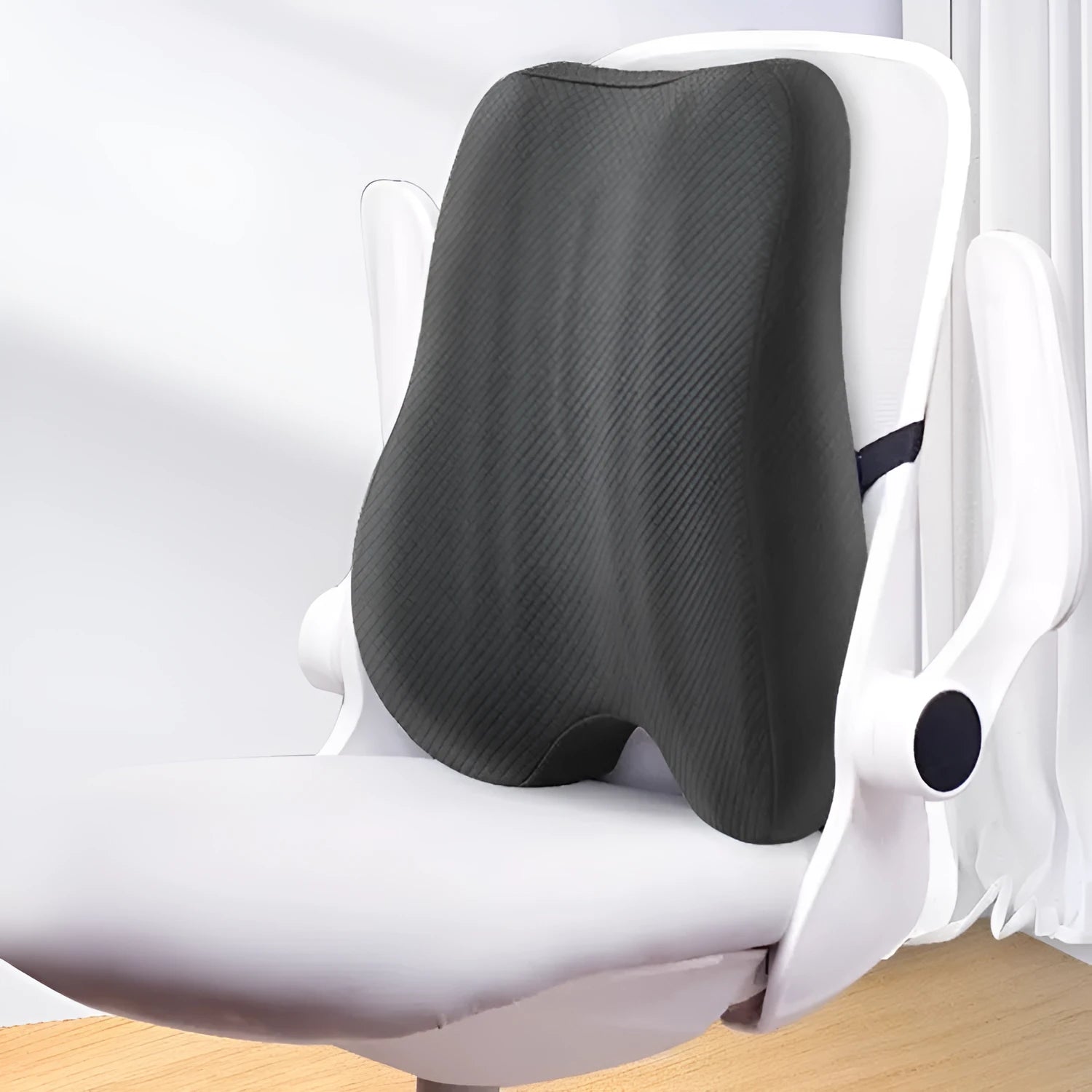 Grey office lumbar support cushion on chair with 40x40x8cm dimensions