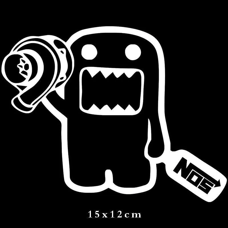 Cartoon-style car sticker on vehicle window, 15cm by 12cm, black and white options
