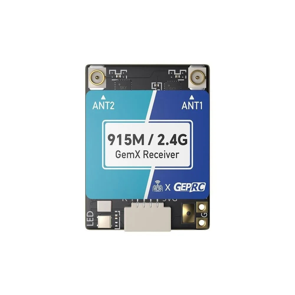 ELRS dual-band FPV drone receiver module with two T-shaped antennas and connecting cable.