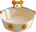 Woven cotton rope cat bed and scratcher basket with rabbit design, shown in three available sizes.