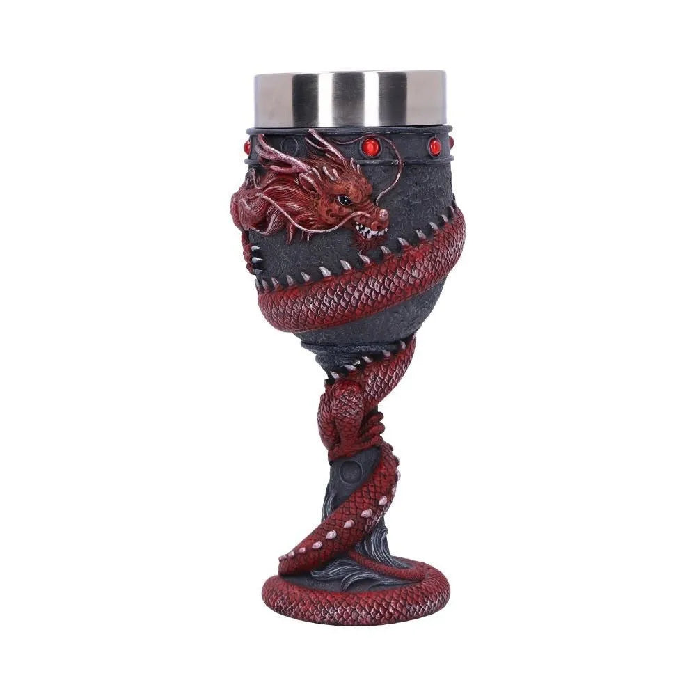 Red wine glass with 3D dragon decoration on stainless steel stem in gold colour