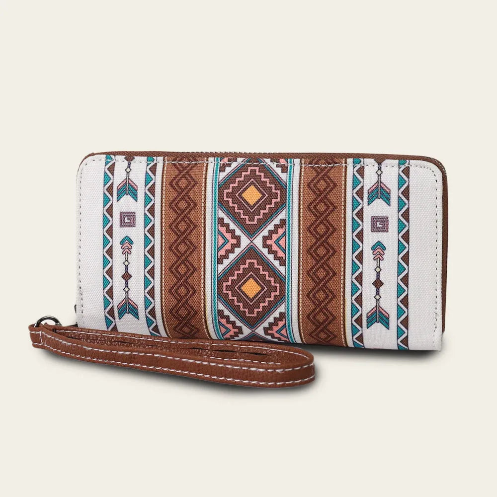 Bohemian striped canvas RFID wallet with a wind belt closure shown in beige.