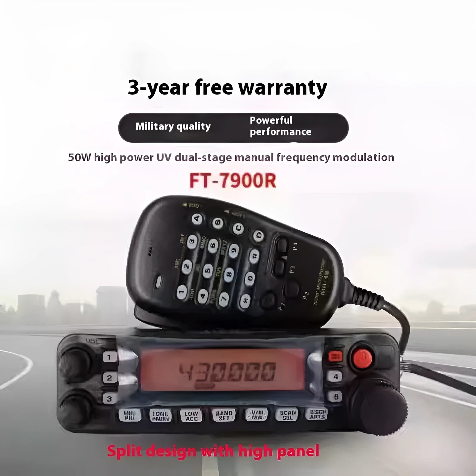 High-power vehicle-mounted radio interphone with 507 antenna and clamp options for self-driving tour communication.