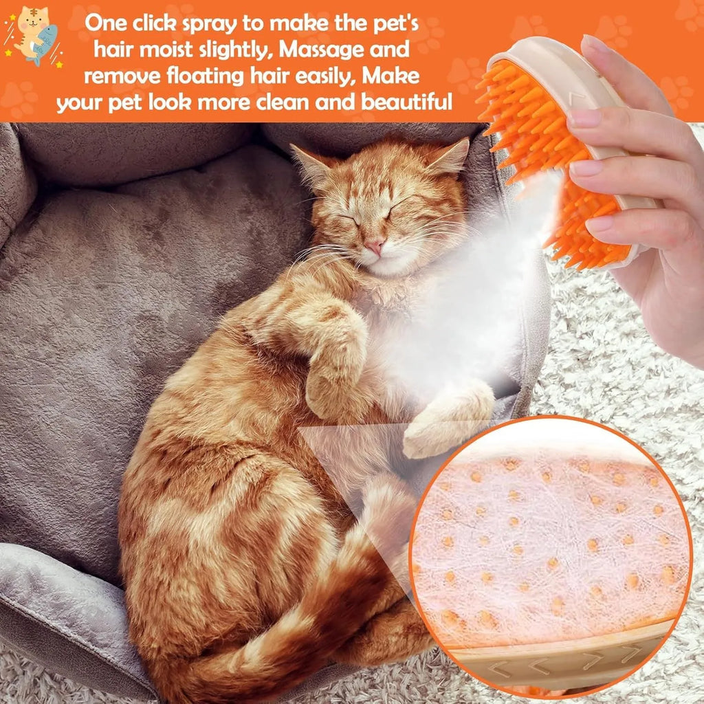 Yellow multifunctional cat steam brush with silicone teeth, water tank, and UV lamp.
