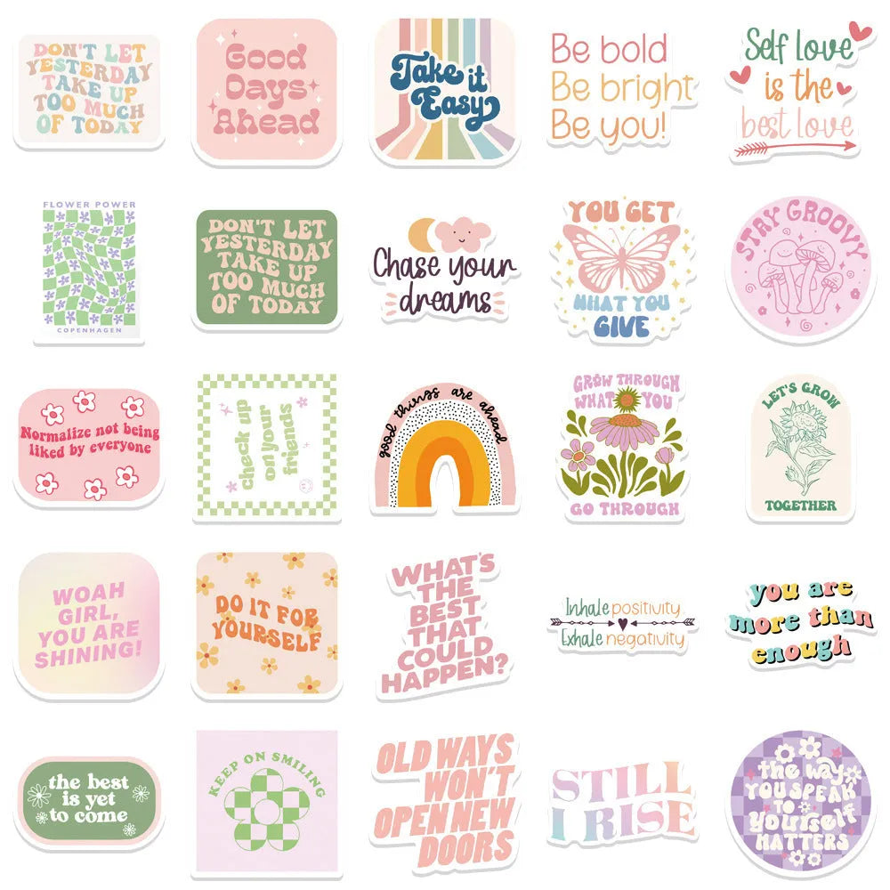 Pack of 50 Danish pink motivational stickers with cartoon graffiti patterns, each 4-6cm.