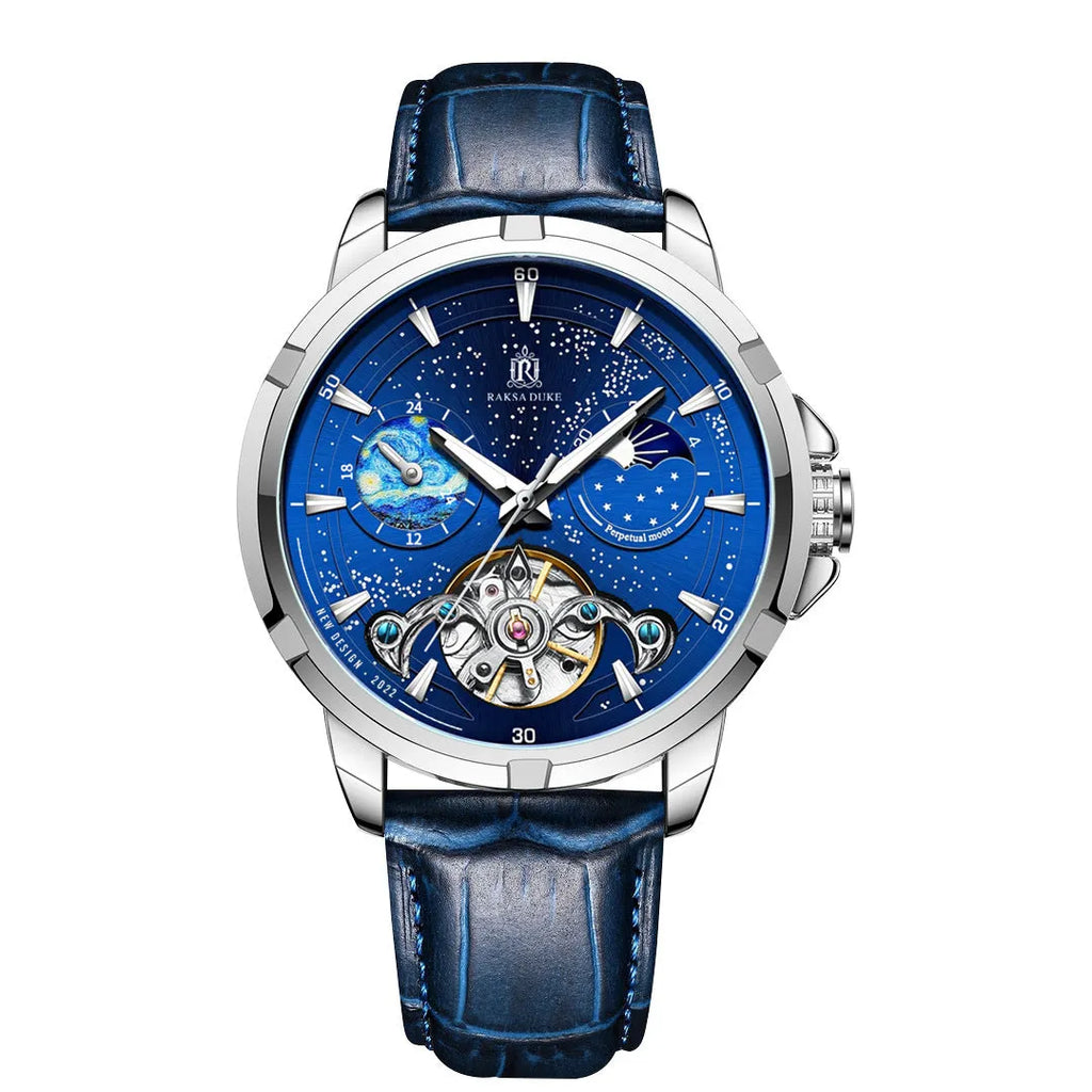 Blue dial men's automatic mechanical watch with a substantial 14mm thick case on a wrist.