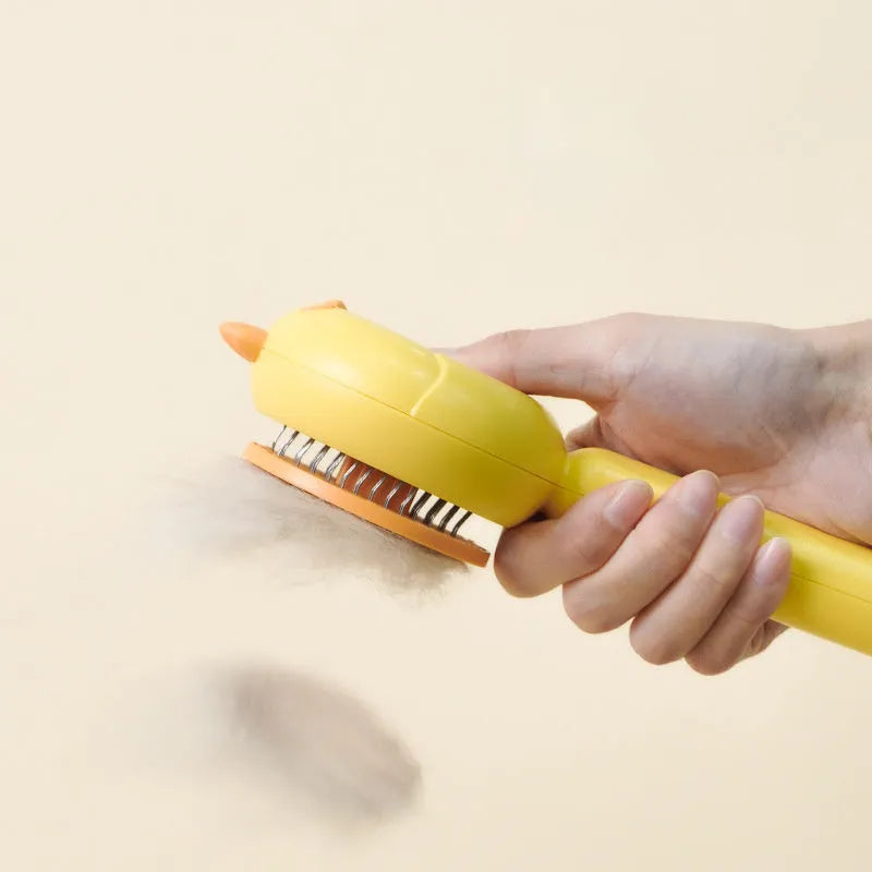 Purple pet grooming brush with self-cleaning button and bent stainless steel bristles