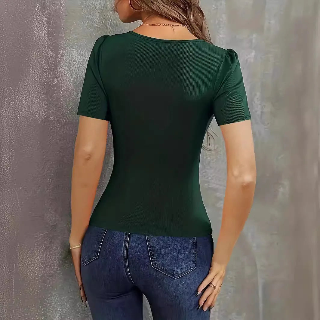 Women's low-neck slim fit knitted short sleeve top in wine red colour