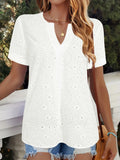White women's V-neck T-shirt with hollow French elegant design and short sleeves