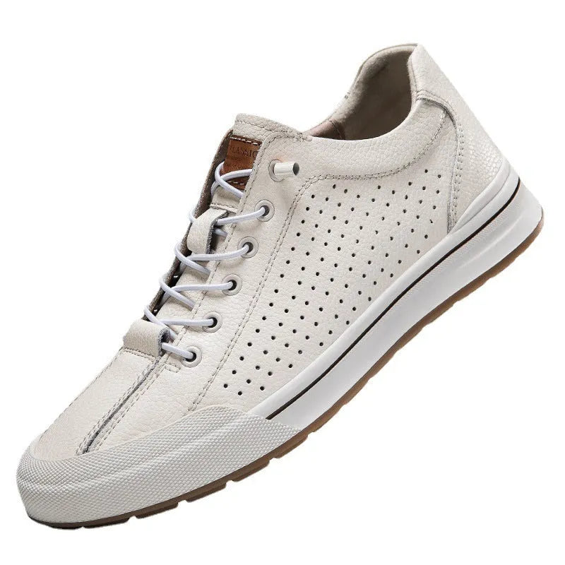 Men's white breathable shoes with round toe and flat 6CM heel, made of matte leather.