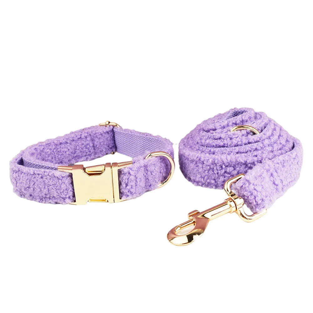 Purple cloth dog collar, leash, bow and vest set for small breed coordination