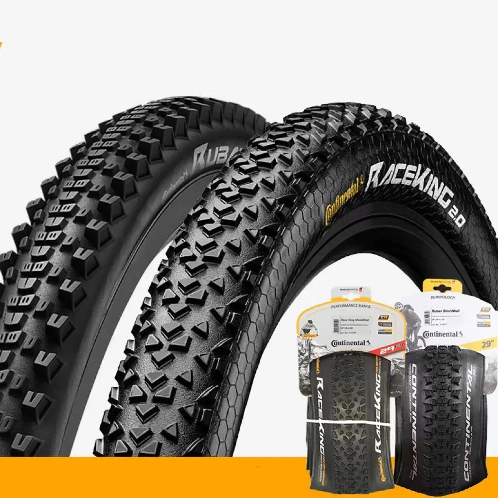 Mountain bike tyre showing tread pattern, available in 26, 27.5 and 29-inch sizes with folding or wire bead.