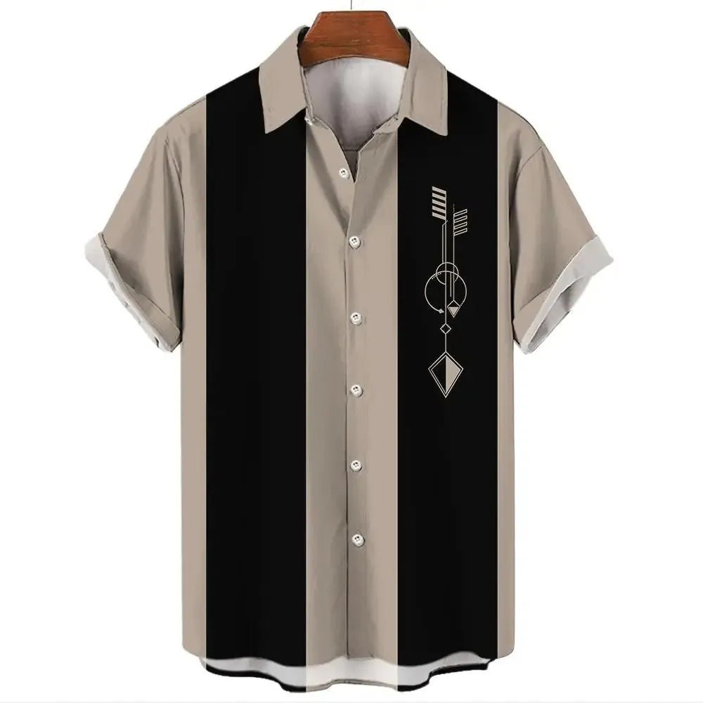 Man wearing a short sleeve striped Hawaiian shirt with a button-down front.