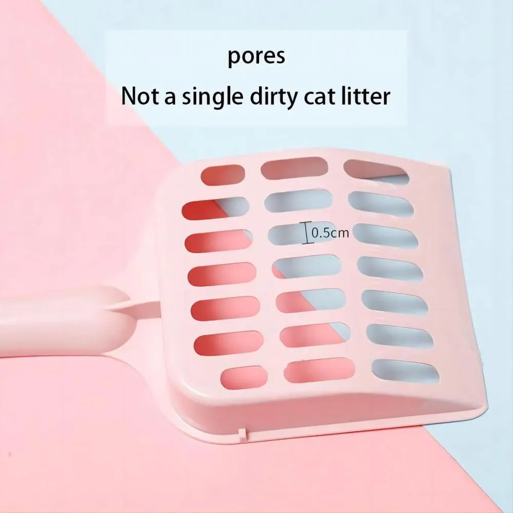 Blue plastic cat litter scoop for cleaning pet litter trays, shown with measurements.