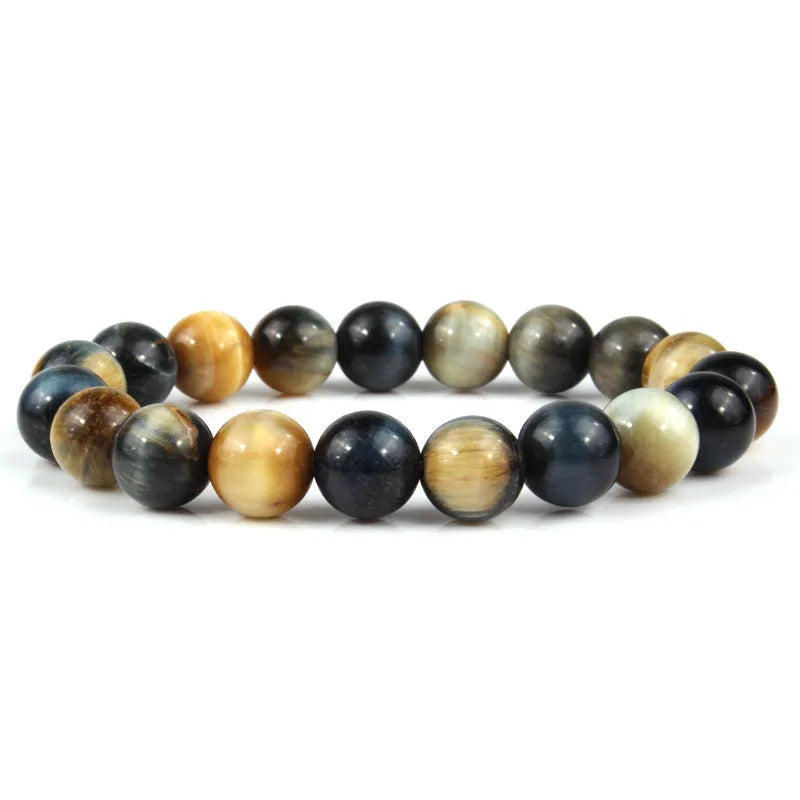 Crystal tiger's eye gemstone bead bracelet showing natural colour variations and round bead geometry