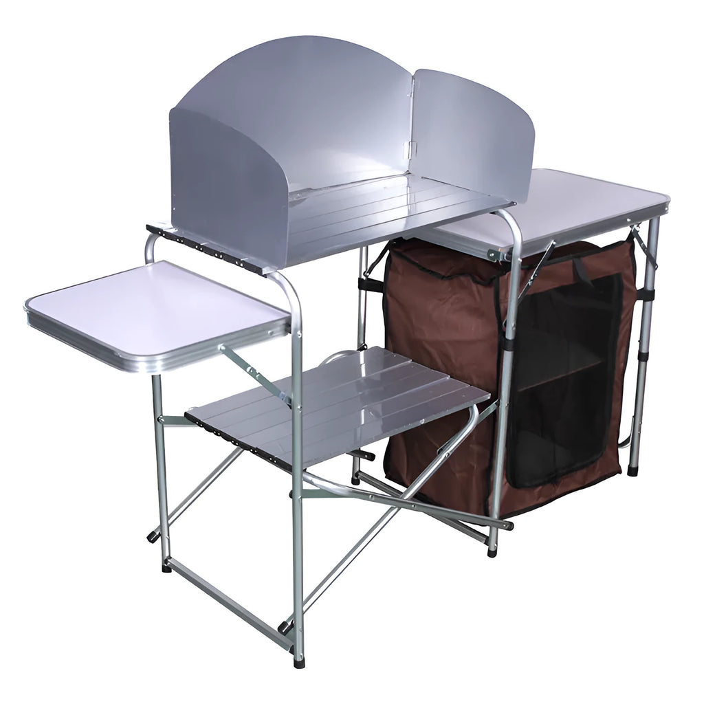 Outdoor camping double-decker storage rack mobile barbecue table folded out with aluminium frame and density board top in mobile kitchen colour