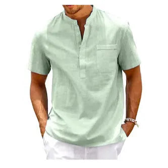 Men's solid colour stand collar short sleeve polo shirt in lightweight polyester fabric.