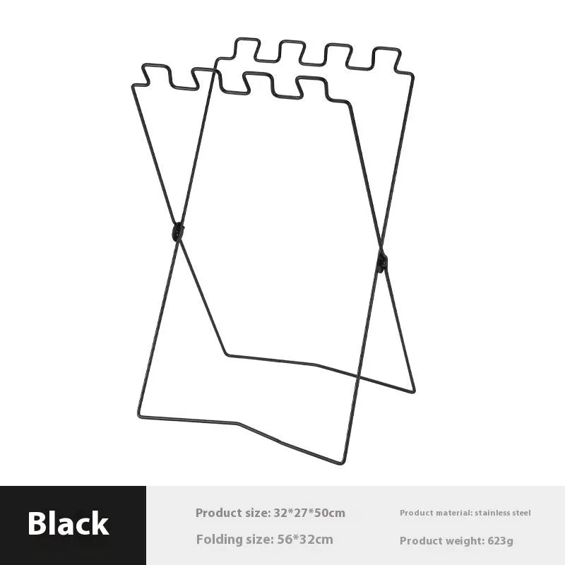 Stainless steel folding garbage bag bracket in black and silver colours for camping use