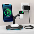 Black multifunctional magnetic wireless charger and power bank with stand function on a table.