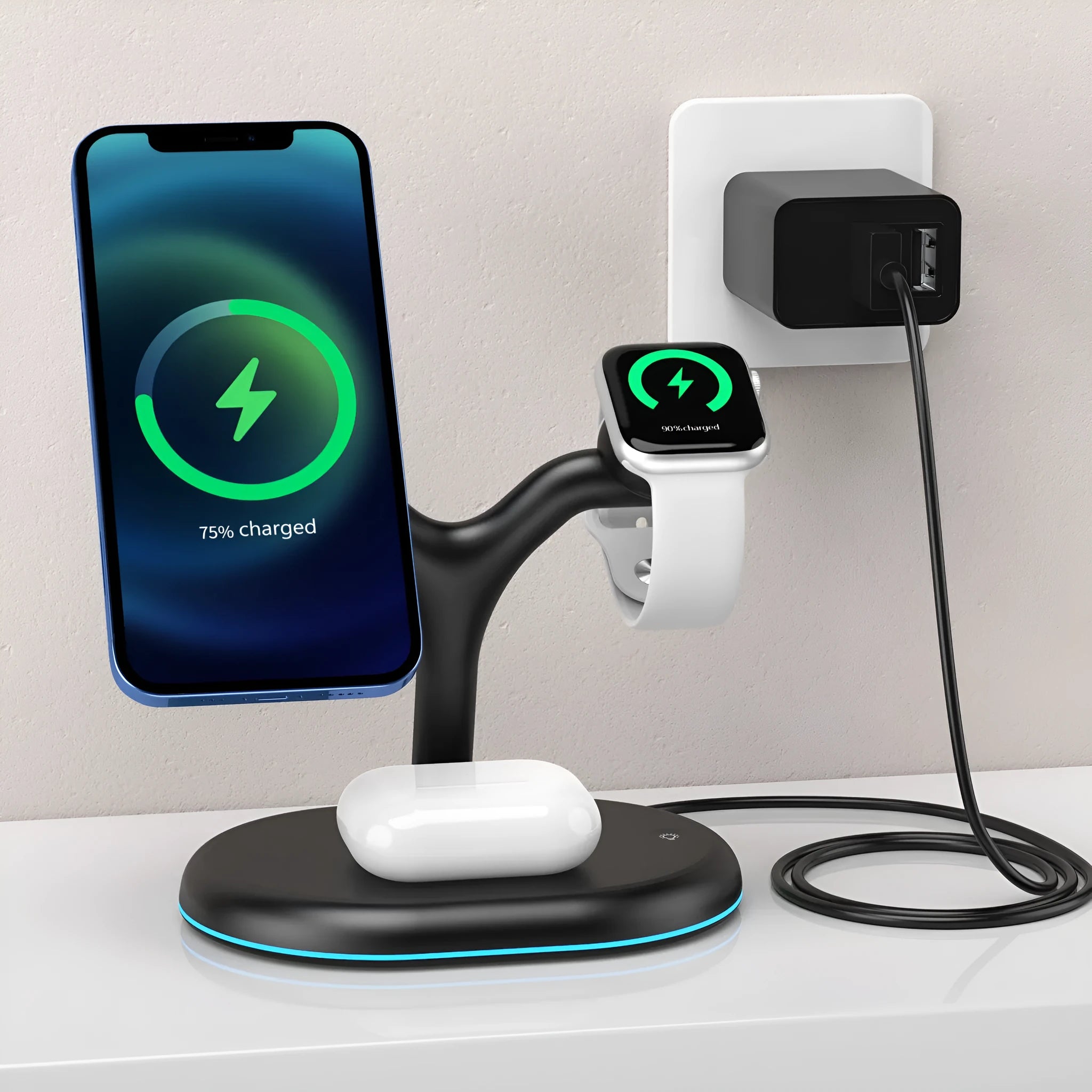 Black multifunctional magnetic wireless charger and power bank with stand function on a table.