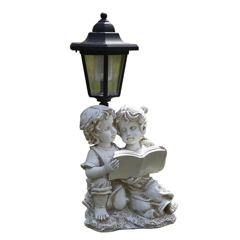 Hexagonal solar garden lamp with animal sculpture decoration in outdoor setting