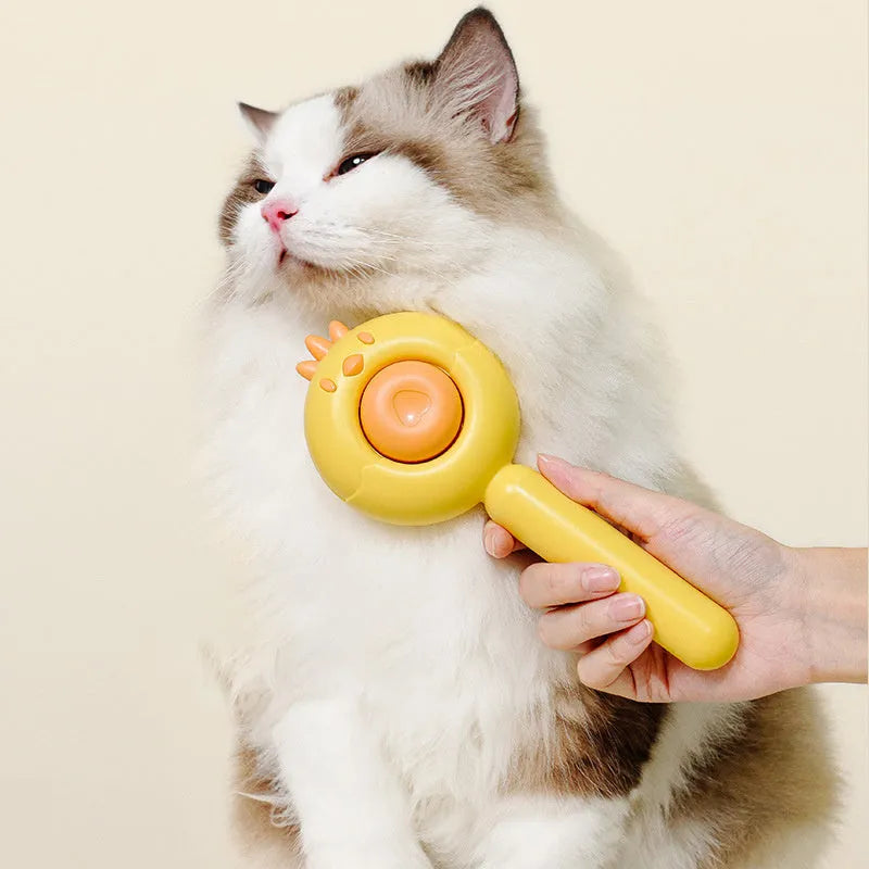 Purple pet grooming brush with self-cleaning button and bent stainless steel bristles