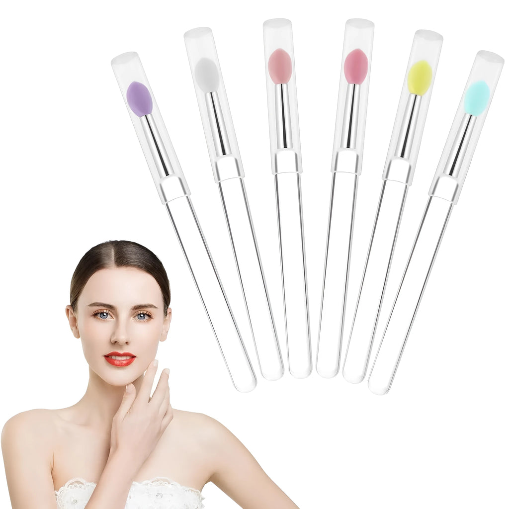 Set of reusable silicone lip brushes with protective caps in various colours for applying lipstick and gloss