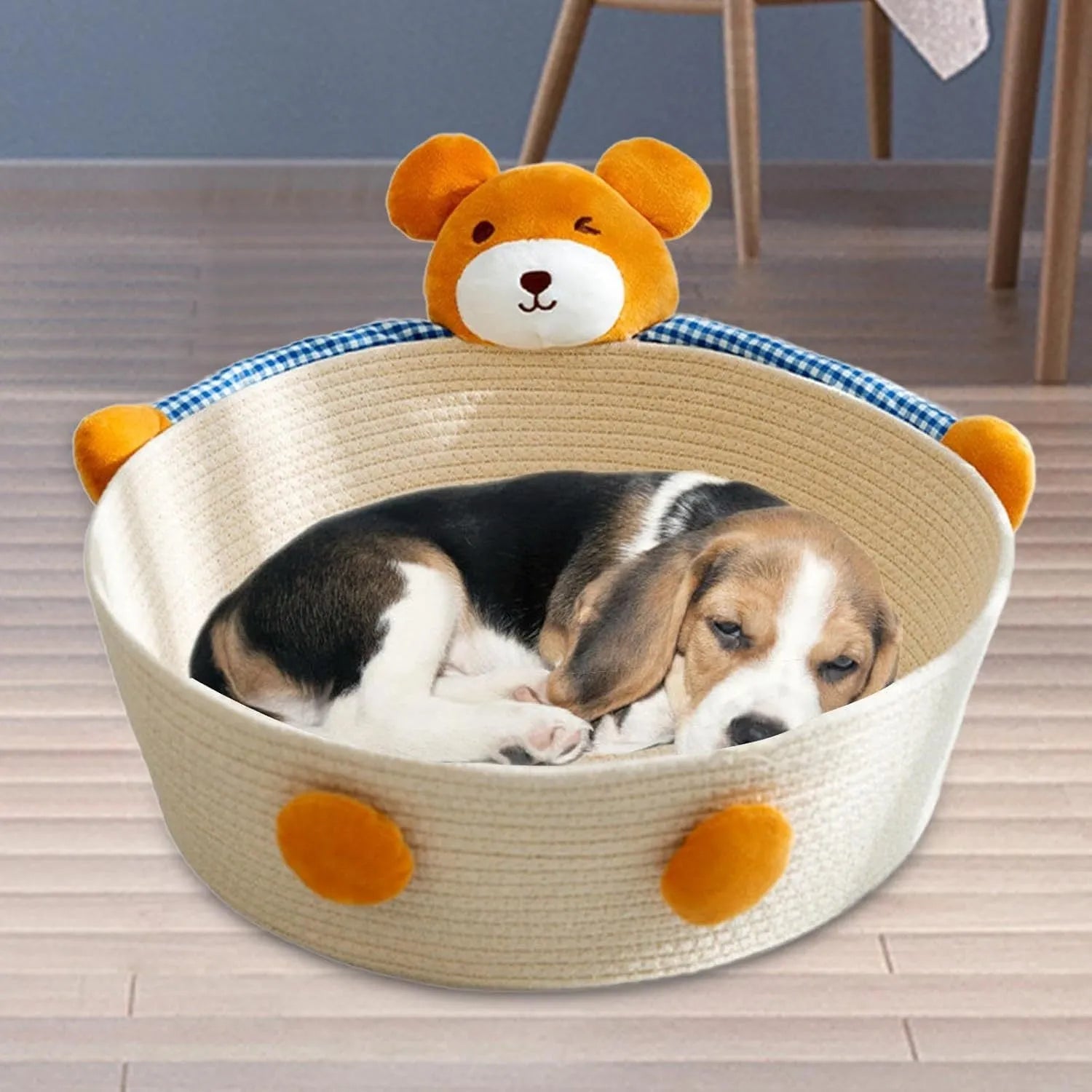 Woven cotton rope cat bed and scratcher basket with rabbit design, shown in three available sizes.