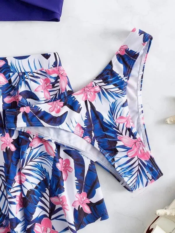 Women's high-waisted three-piece polyester bikini set in three colour options.