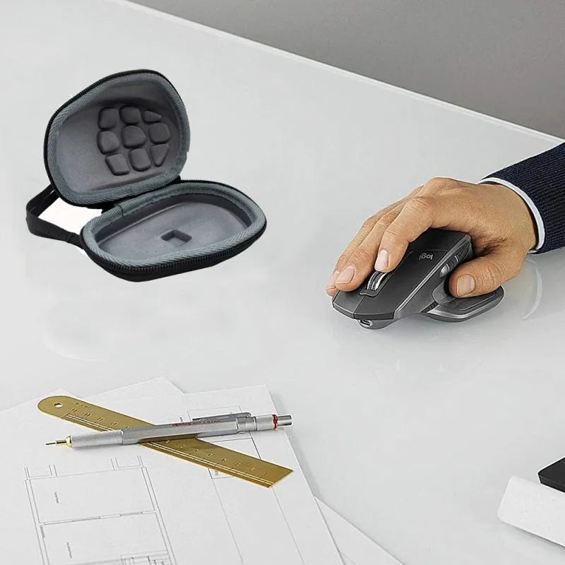 Black mouse storage box made of nylon 1200D and 6mm EVA with handle on a flat surface