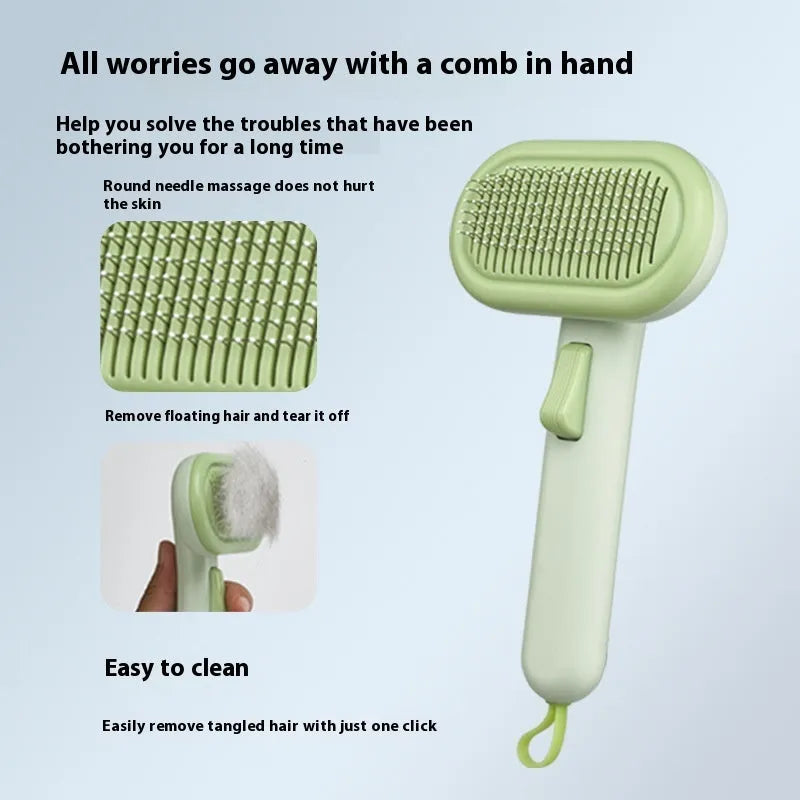 Large light green pet grooming comb with floating teeth and a built-in stainless steel shaver head for cats and dogs.