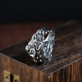 Personalised silver open ring with Jibeast pattern and diamond detailing.