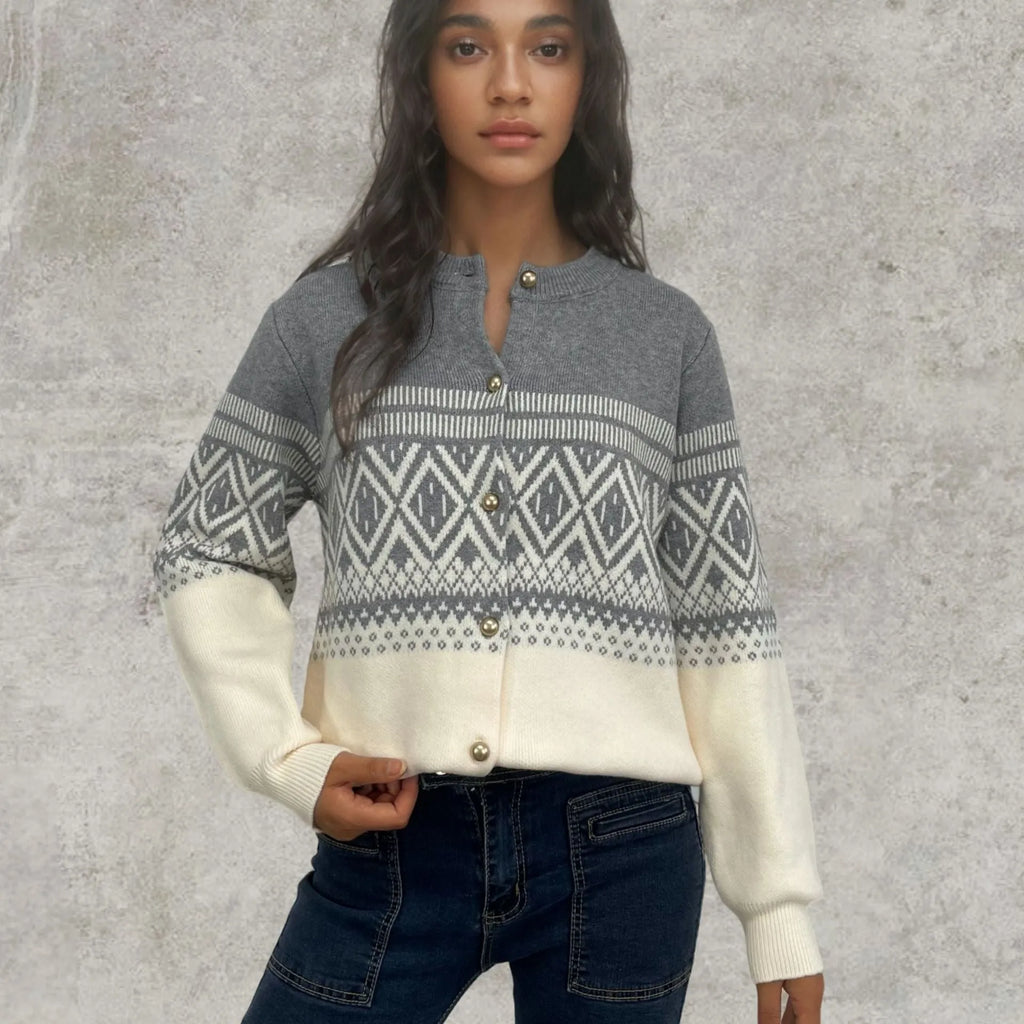 Women's grey alpaca wool cardigan with pink and white diamond pattern and long sleeves