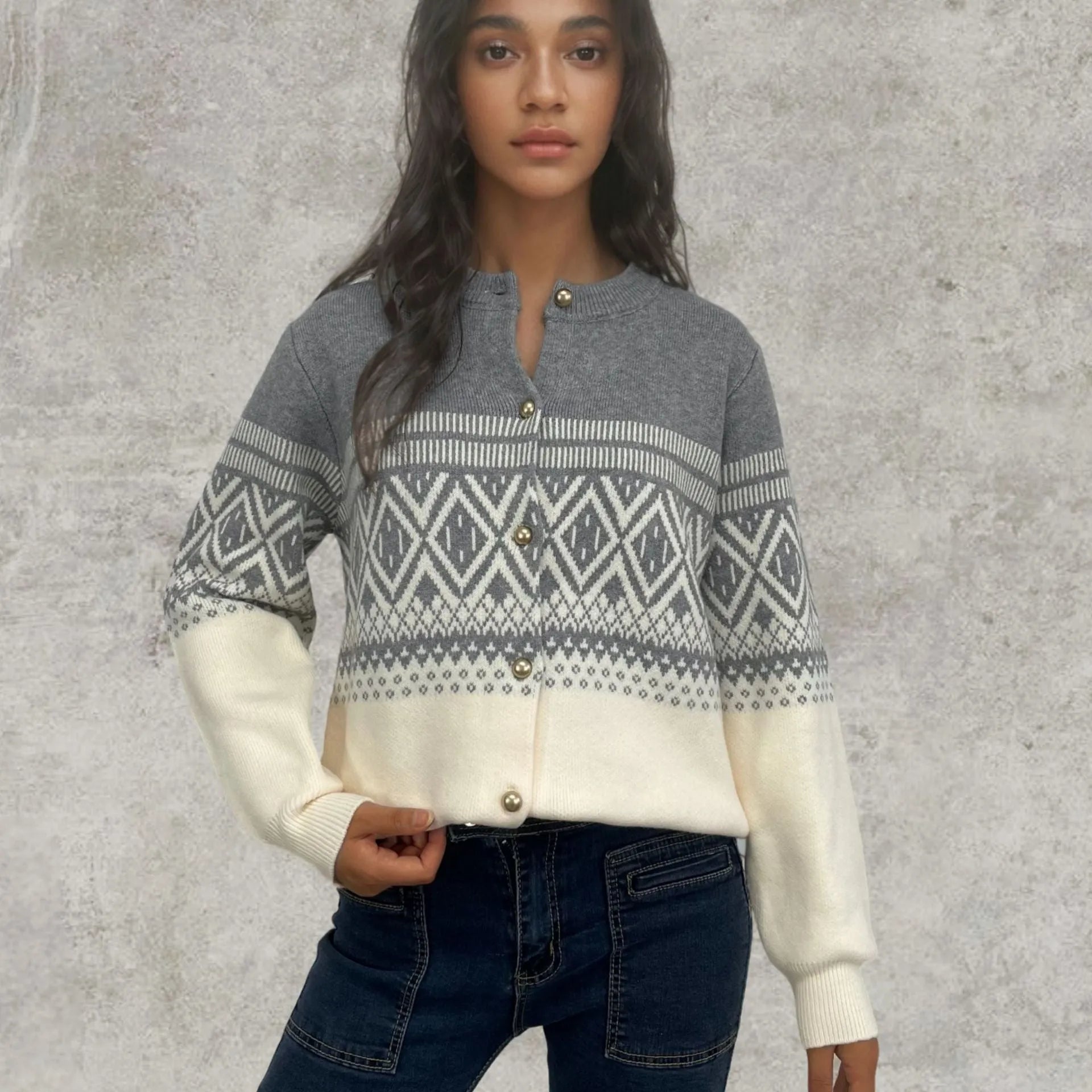 Women's grey alpaca wool cardigan with pink and white diamond pattern and long sleeves