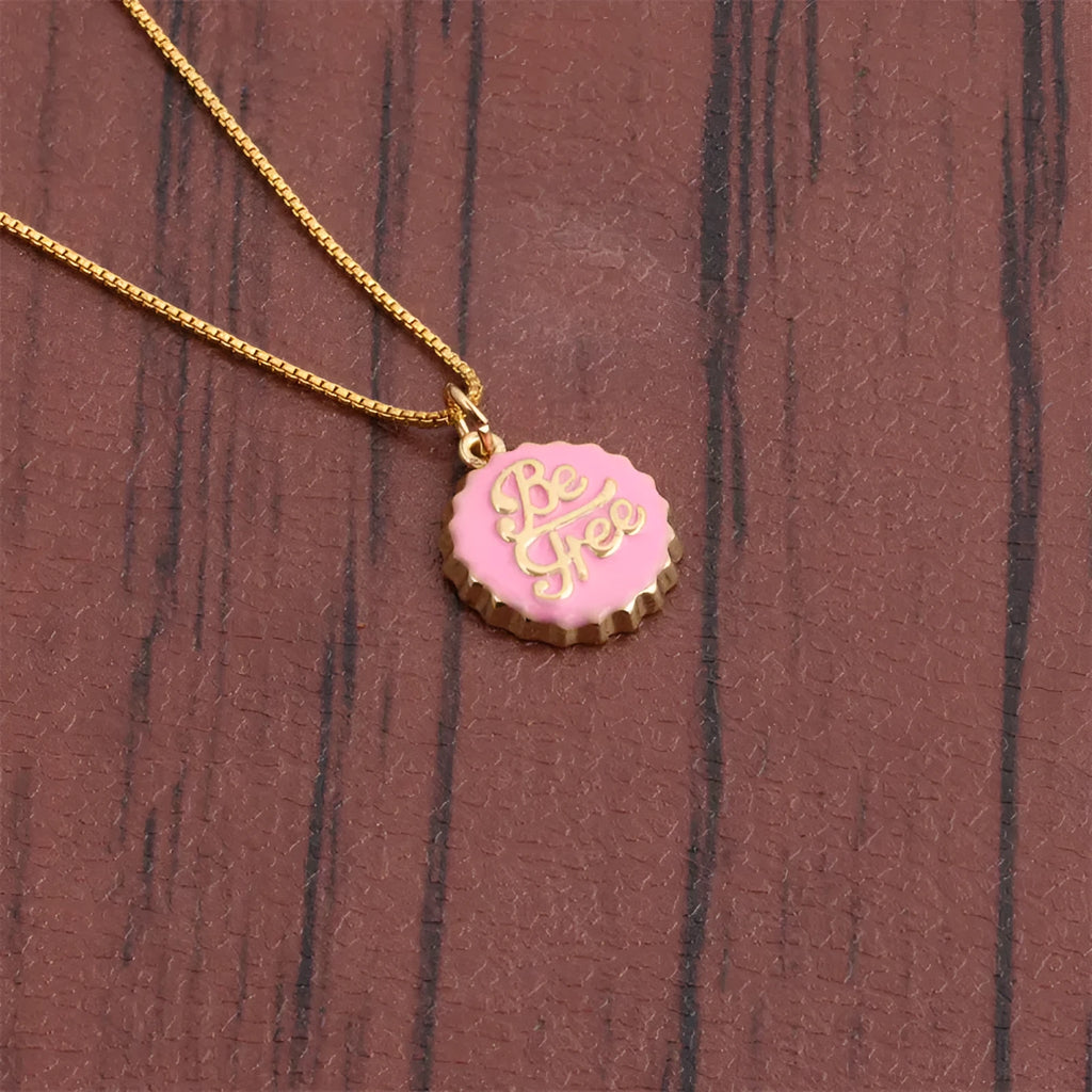 Copper bottle cap pendant necklace with gold plating on a 40cm chain, shown in multiple colour options.