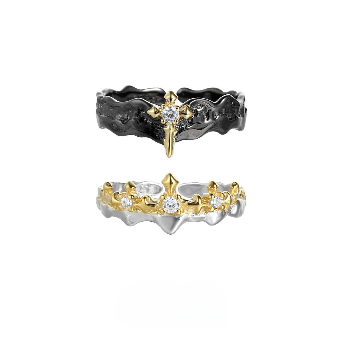 Silver couple ring with adjustable opening in white gold or black gold electroplated finish, featuring a Princess Knight design.