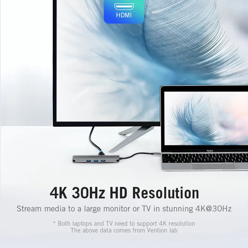 Deep grey USB-C multi-port hub with HDMI, USB, Ethernet, and memory card slots on a 0.15m cable.