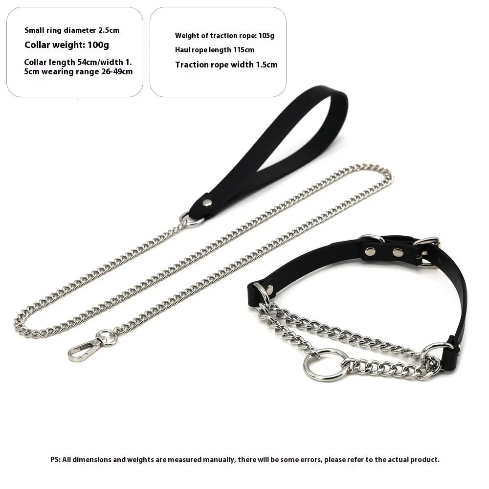 Black cowhide leather punk-style collar with buckle and matching leash with a hand grip section.