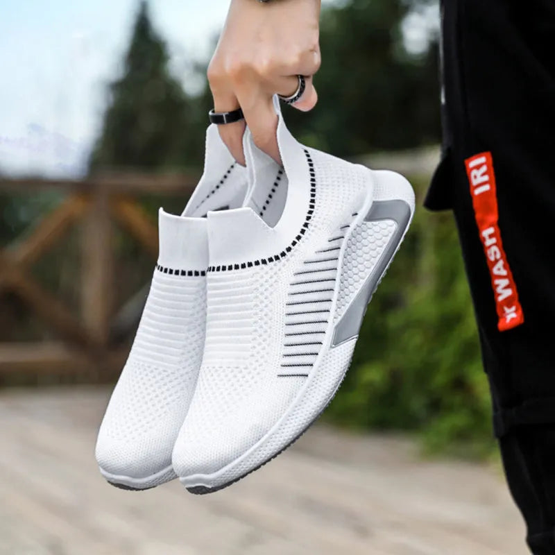 Men's striped mesh sock shoes with lace-up front and flat heel design