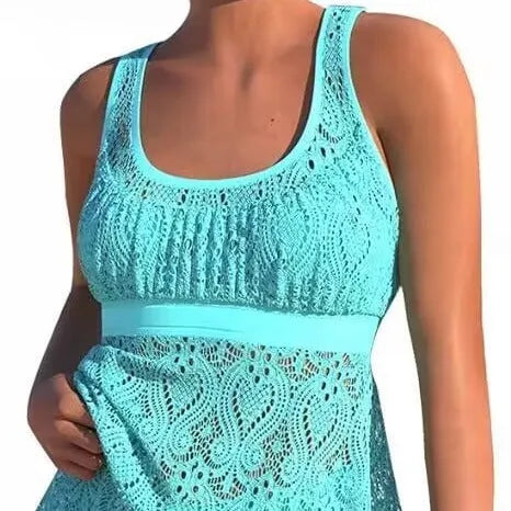 Women's conservative two-piece nylon swimwear set in a solid colour for swimming sports.
