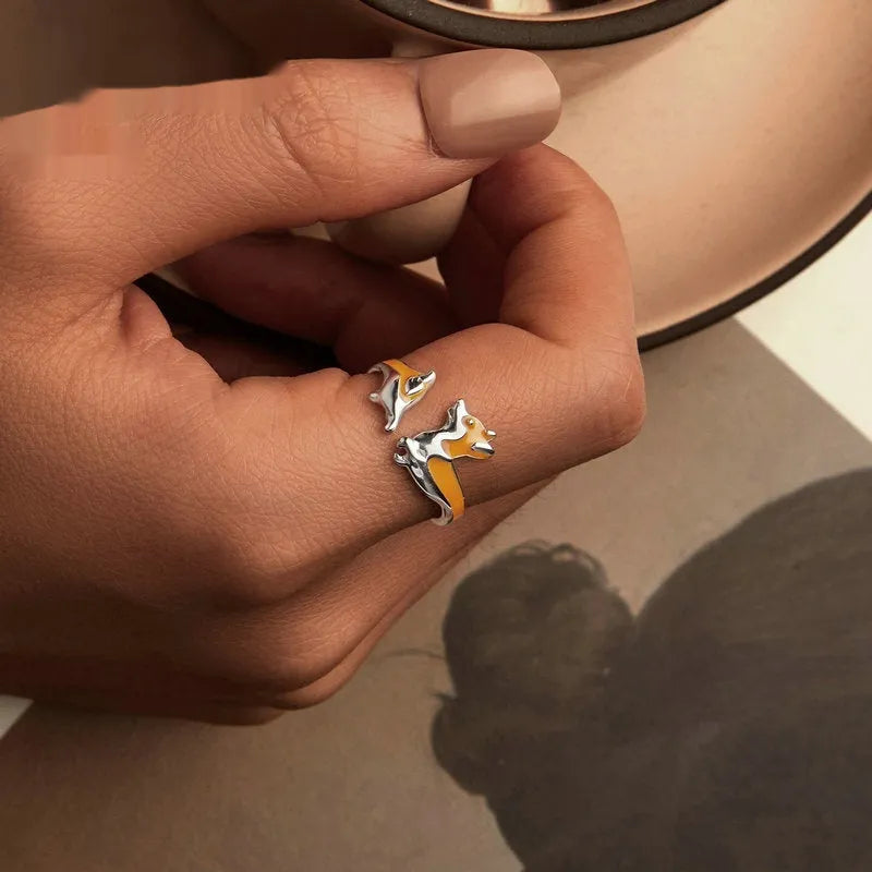 Silver electroplated ring with cartoon corgi design for women, colour SCR1014-E
