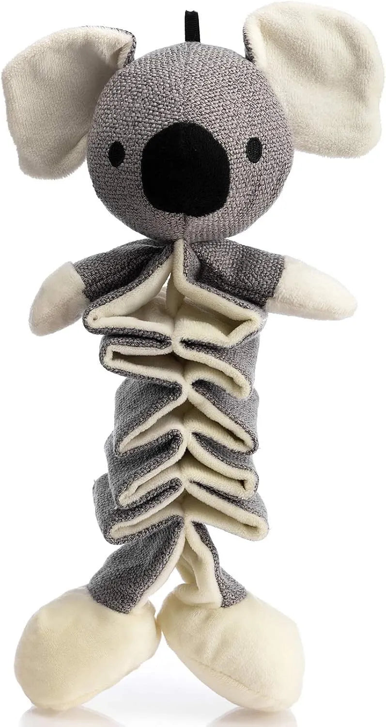 Grey koala dog toy measuring 30cm with crinkle paper inside and rope through body