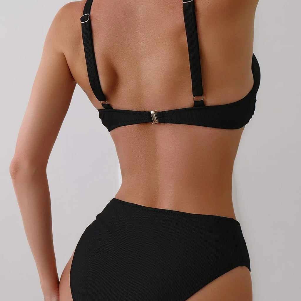 Women's rib fabric bikini two-piece swimsuit in five solid colour options