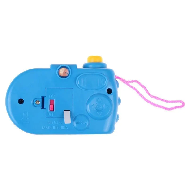 Kids educational projection camera toy showing dinosaur and dolphin images with slide switch mechanism in blue or pink colour
