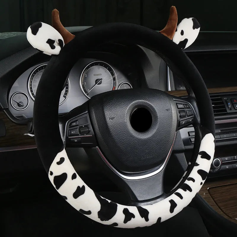 Short plush automotive steering wheel cover in black with protective handle, 38cm diameter