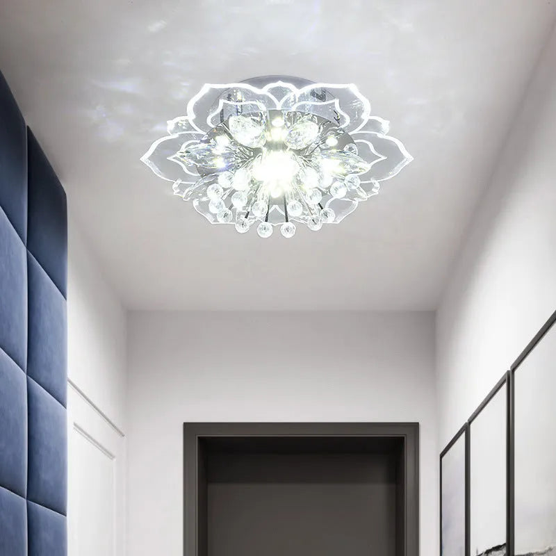 Modern crystal ceiling lamp with flower-shaped shade in crystal, acrylic and stainless steel