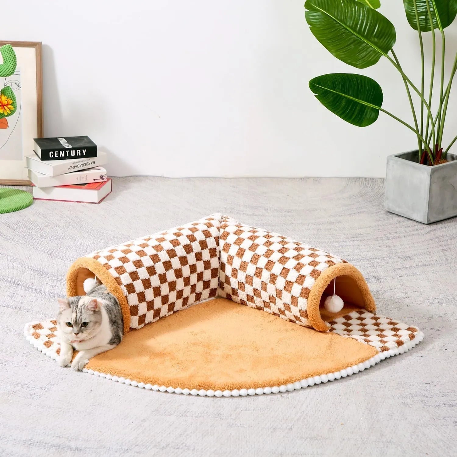 XL fan-shaped plaid tunnel pet bed for dogs and cats in coffee colour, showing plush fabric and anti-slip base.