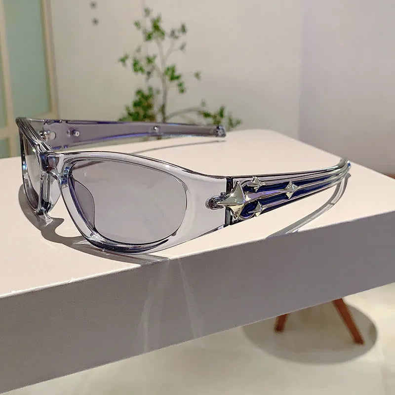 Windproof outdoor sports sunglasses with a PC frame and lens, shown in a black frame with blue lens colour option.