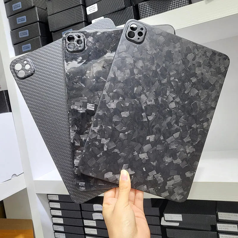 Genuine carbon fibre hard protective cover for Apple iPad Pro 11 in a plaid pattern.
