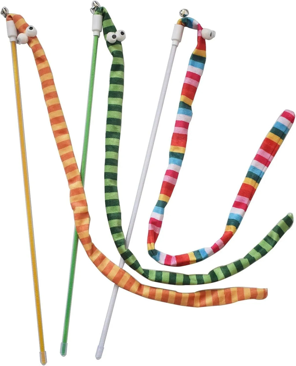 Cat wand teaser toy with colourful plush strip and bell on a polycarbonate pole.